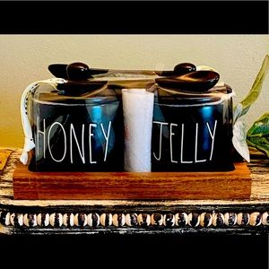 New Rae Dunn Ceramic storage jar set with spoons on a wooden tray,